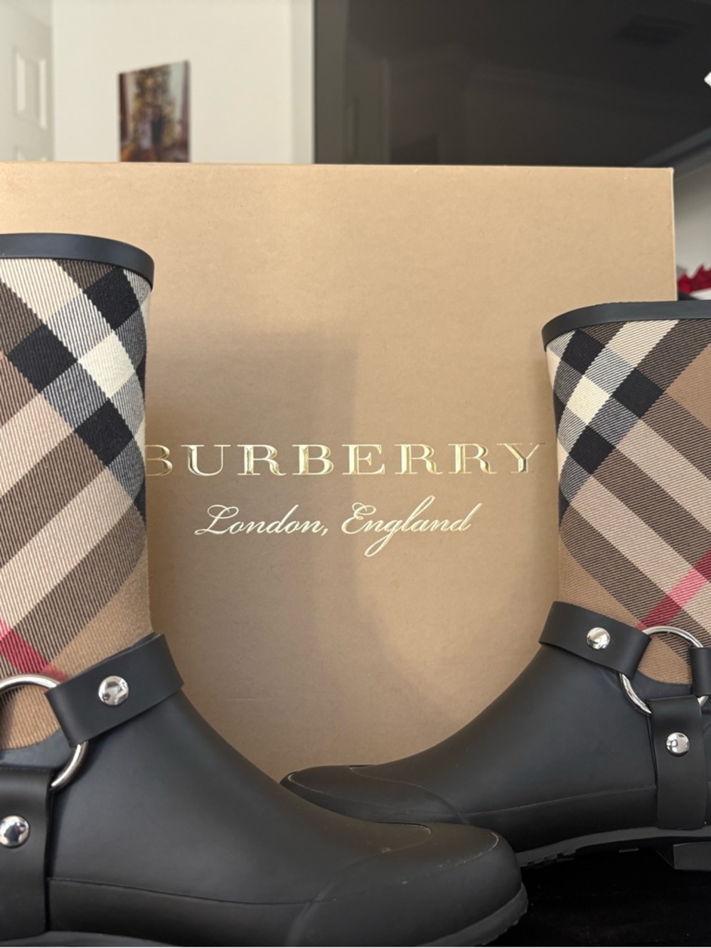 Burberry Check Rubber Rain Boots in Tan, Black, Cream